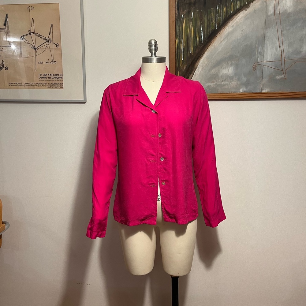 Bright Fuchsia Button-Up Silk Blouse